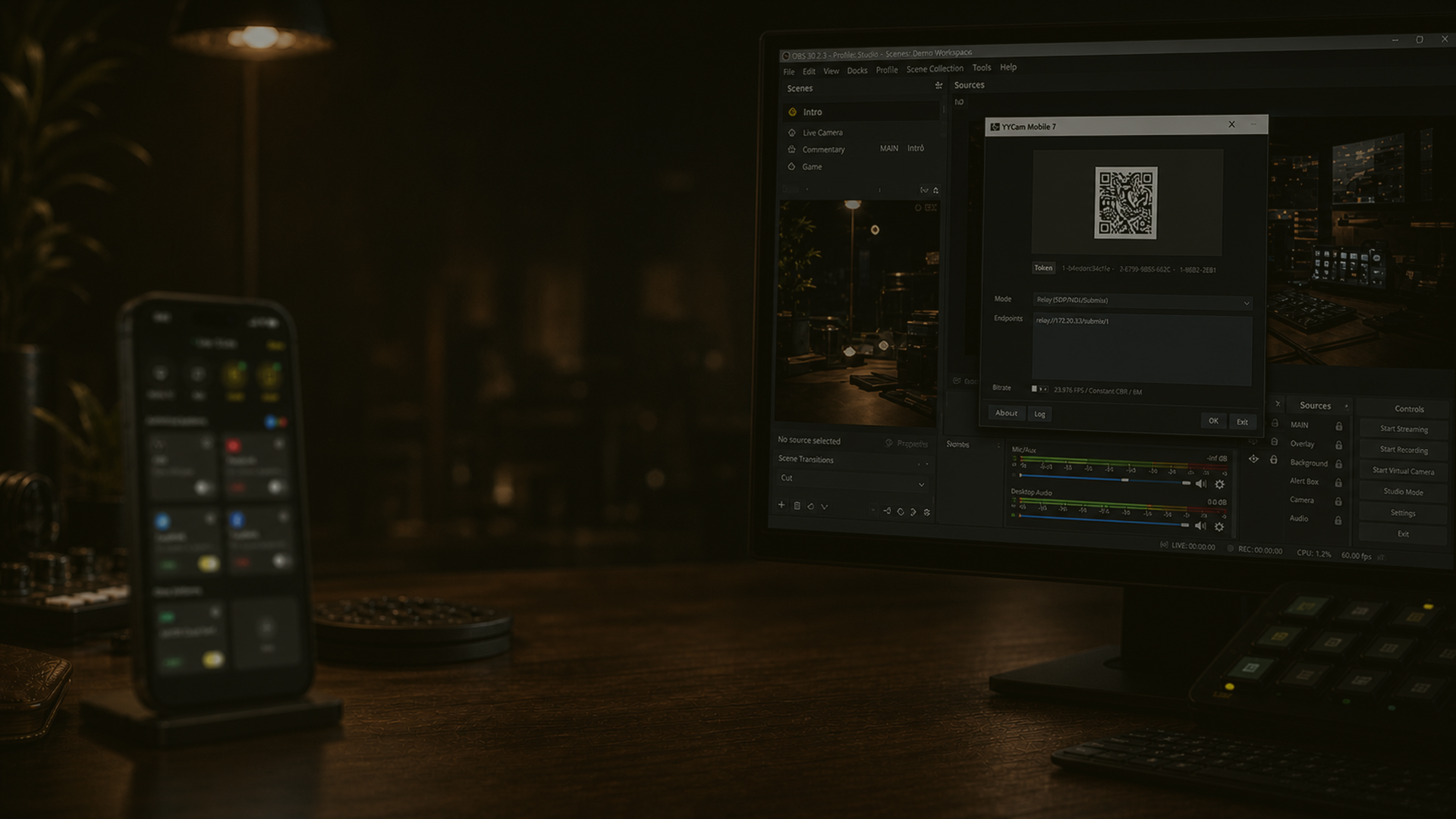Professional camera and phone angle in an OBS streaming setup